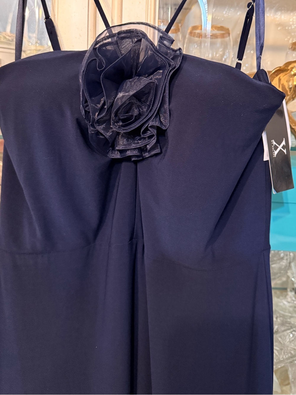 Xscape Elegant Navy blue formal floor length gown with Floral Detail size 14